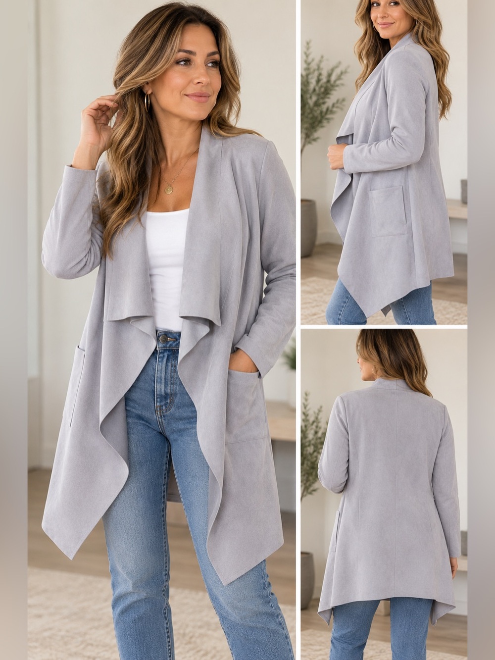 Made in Italy Lilac Grey Faux Suede Waterfall Jacket
